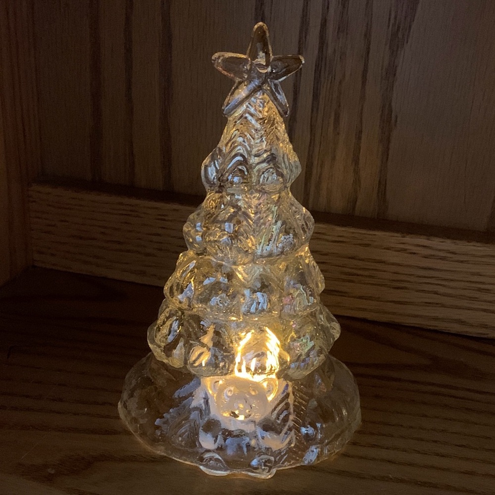 Carnival Iridescent Clear Glass Hollow Christmas Tree with Teddy Bear & Star